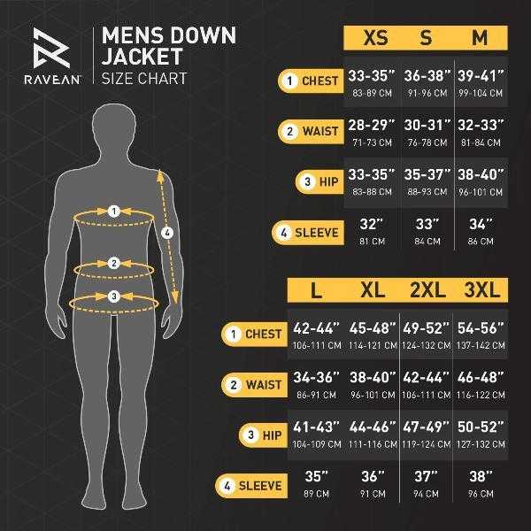 Ravean Mens Down Heated Jacket - Size Chart